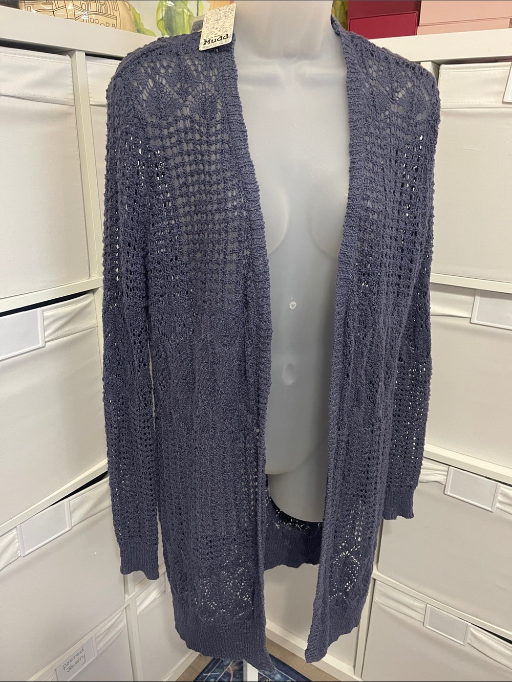 NWT Mudd Open-Front Navy Crochet Knit Cardigan